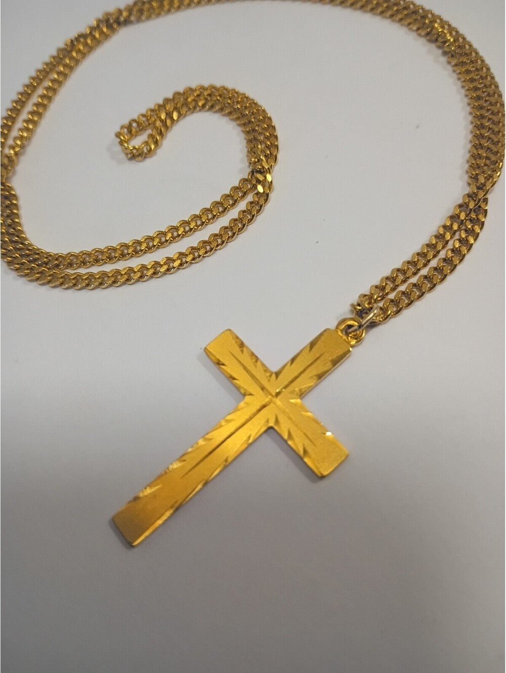 VTG Gold Filled 1/20 14K GF Engraved Cross Charm Pendant 12.33g-Link Chain 24"L